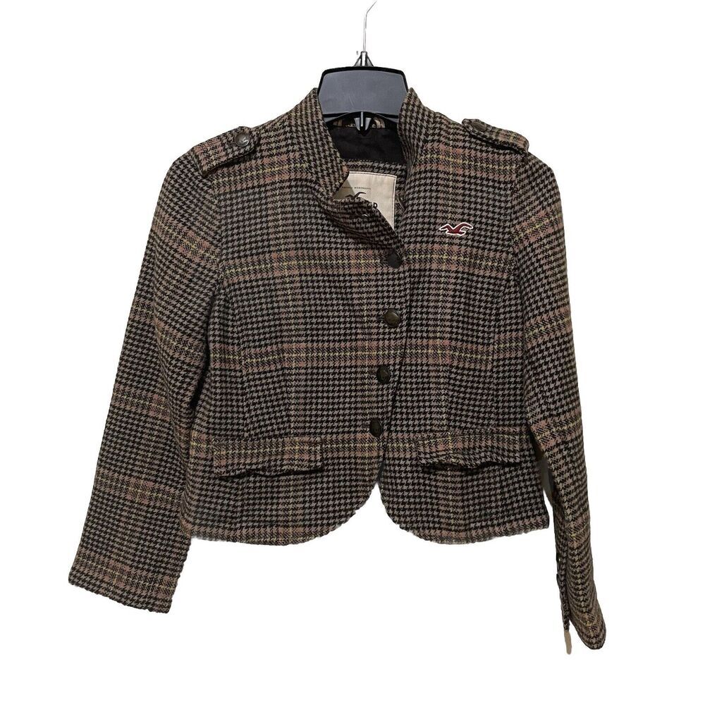 Vintage‎ Hollister Houndstooth Wool Cropped Military Blazer XS Dark Acadamia